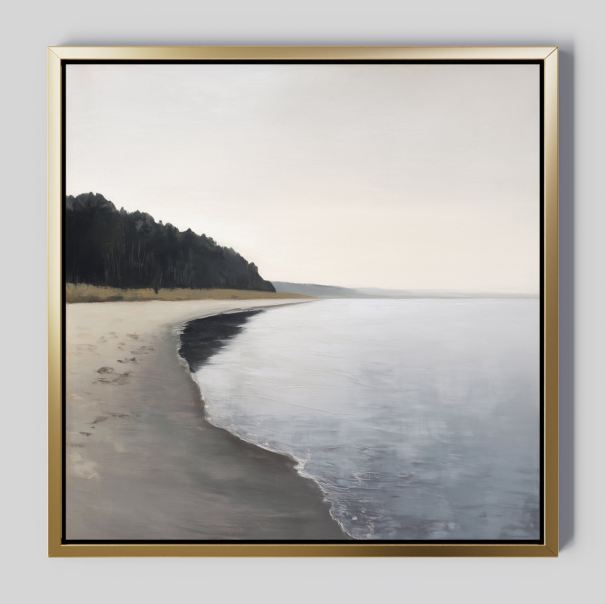 Quiet Tides at the Edge of Pines – neutral-toned coastal canvas wall art print by Aspire Prints