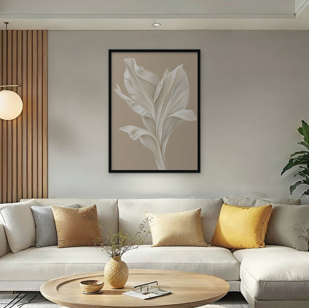 White Leaf Canvas Art - Vertical – Black Floating Frame in room setting