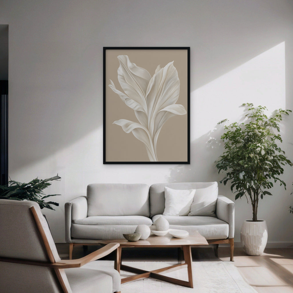 White Leaf Canvas Art - Vertical – Black Floating Frame in room setting