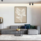 White Leaf Canvas Art - Vertical – Gold Floating Frame in room setting