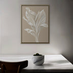 White Leaf Canvas Art - Vertical – Gold Floating Frame in room setting