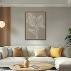 White Leaf Canvas Art - Vertical – Oak Floating Frame in room setting
