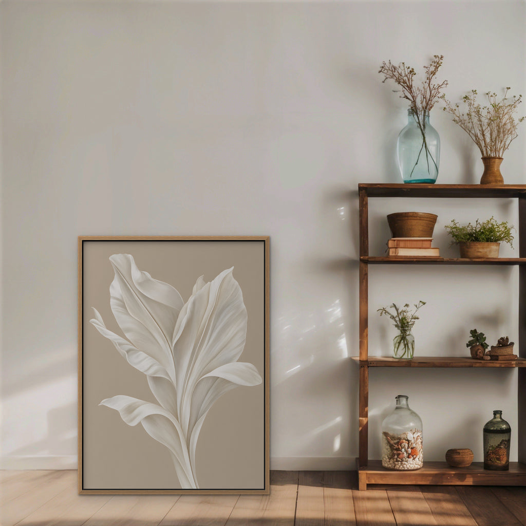 White Leaf Canvas Art - Vertical – Oak Floating Frame in room setting