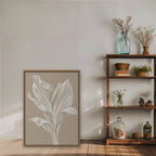 White Leaf Canvas Art - Vertical – Oak Floating Frame in room setting