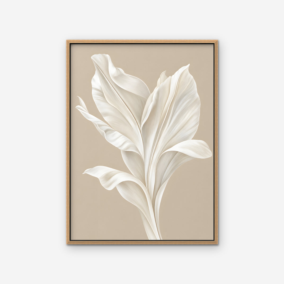 White Leaf Canvas Art - Vertical – Oak Floating Frame on white background