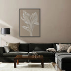 White Leaf Canvas Art - Vertical – Silver Floating Frame in room setting