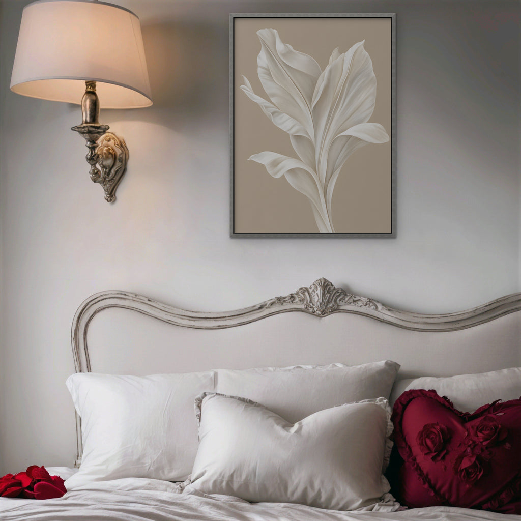 White Leaf Canvas Art - Vertical – Silver Floating Frame in room setting