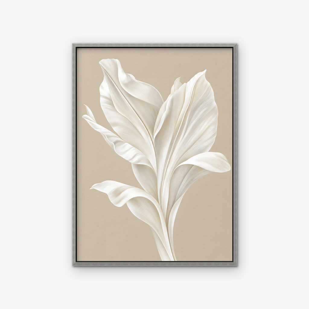 White Leaf Canvas Art - Vertical – Silver Floating Frame on white background