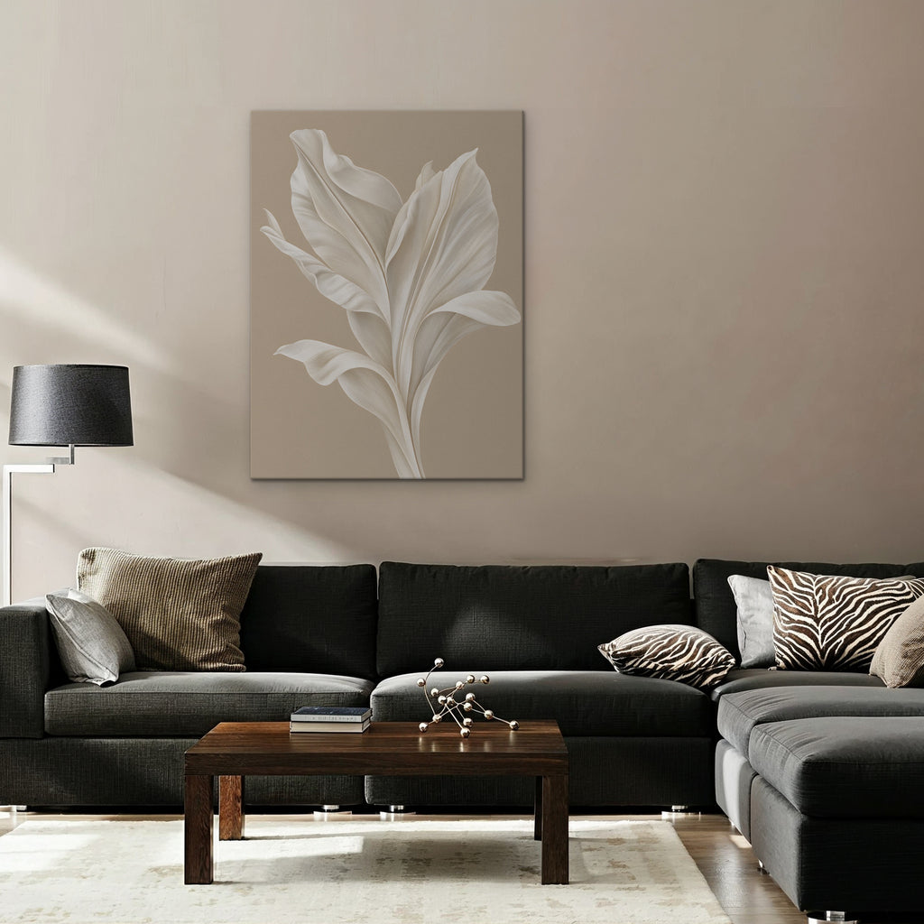 White Leaf Canvas Art - Vertical – Stretched Canvas Only in room setting