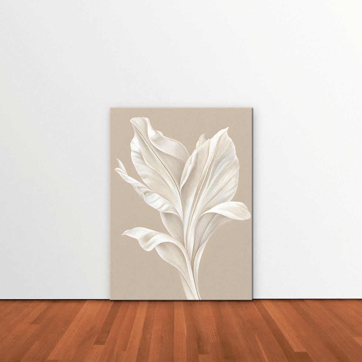 White Leaf Canvas Art - Vertical – Stretched Canvas Only in room setting