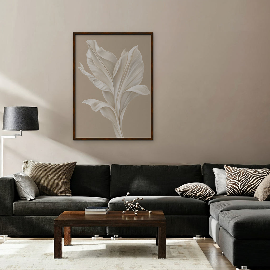 White Leaf Canvas Art - Vertical – Walnut Floating Frame in room setting