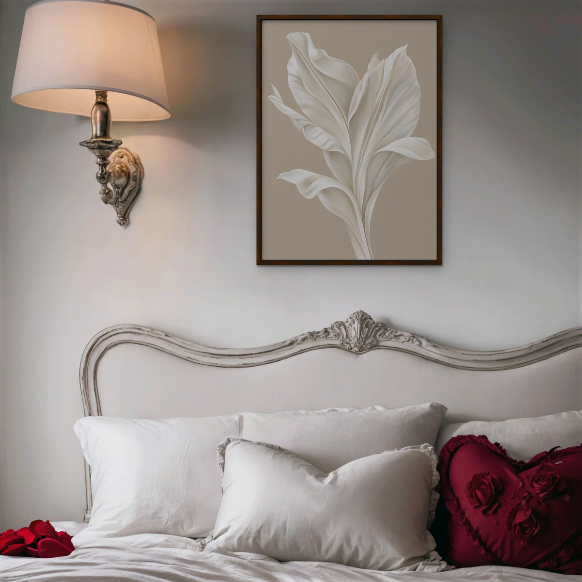 White Leaf Canvas Art - Vertical – Walnut Floating Frame in room setting