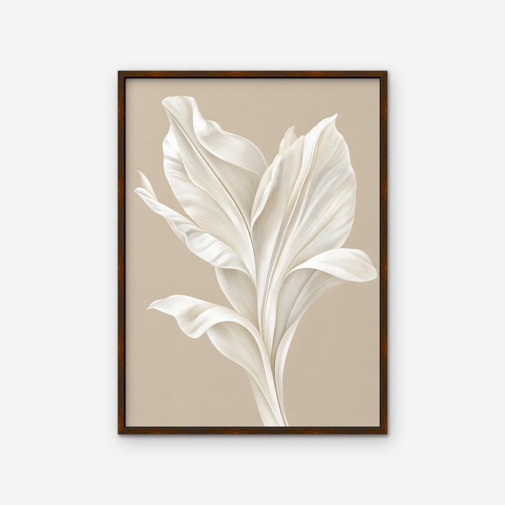 White Leaf Canvas Art - Vertical – Walnut Floating Frame on white background