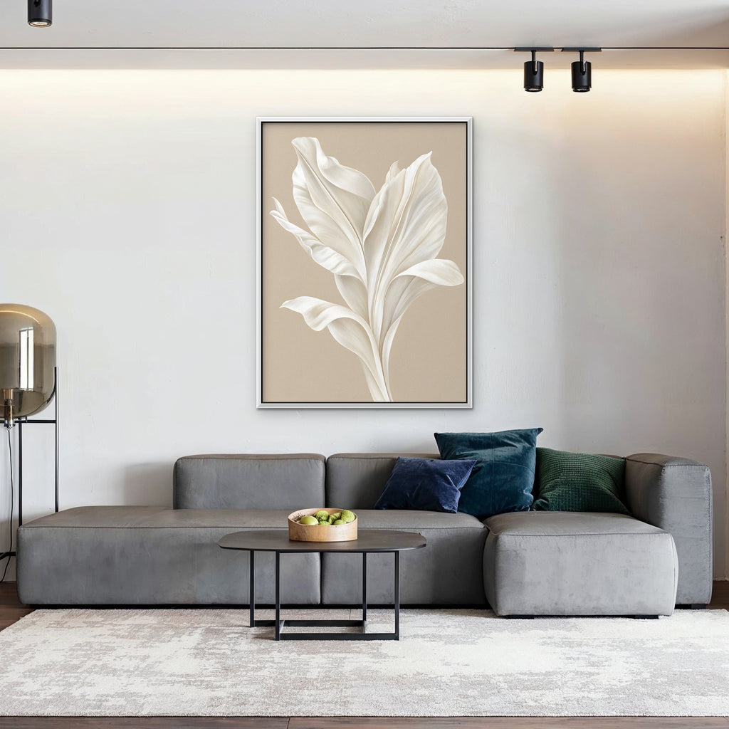 White Leaf Canvas Art - Vertical – White Floating Frame in room setting