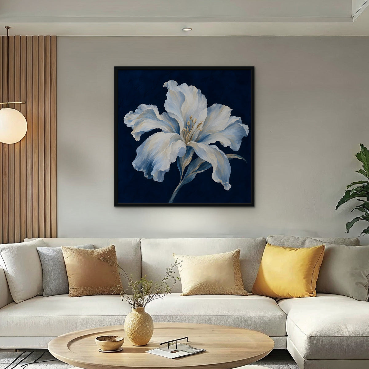White Lily on Navy Canvas Art - Square – Black Floating Frame in room setting