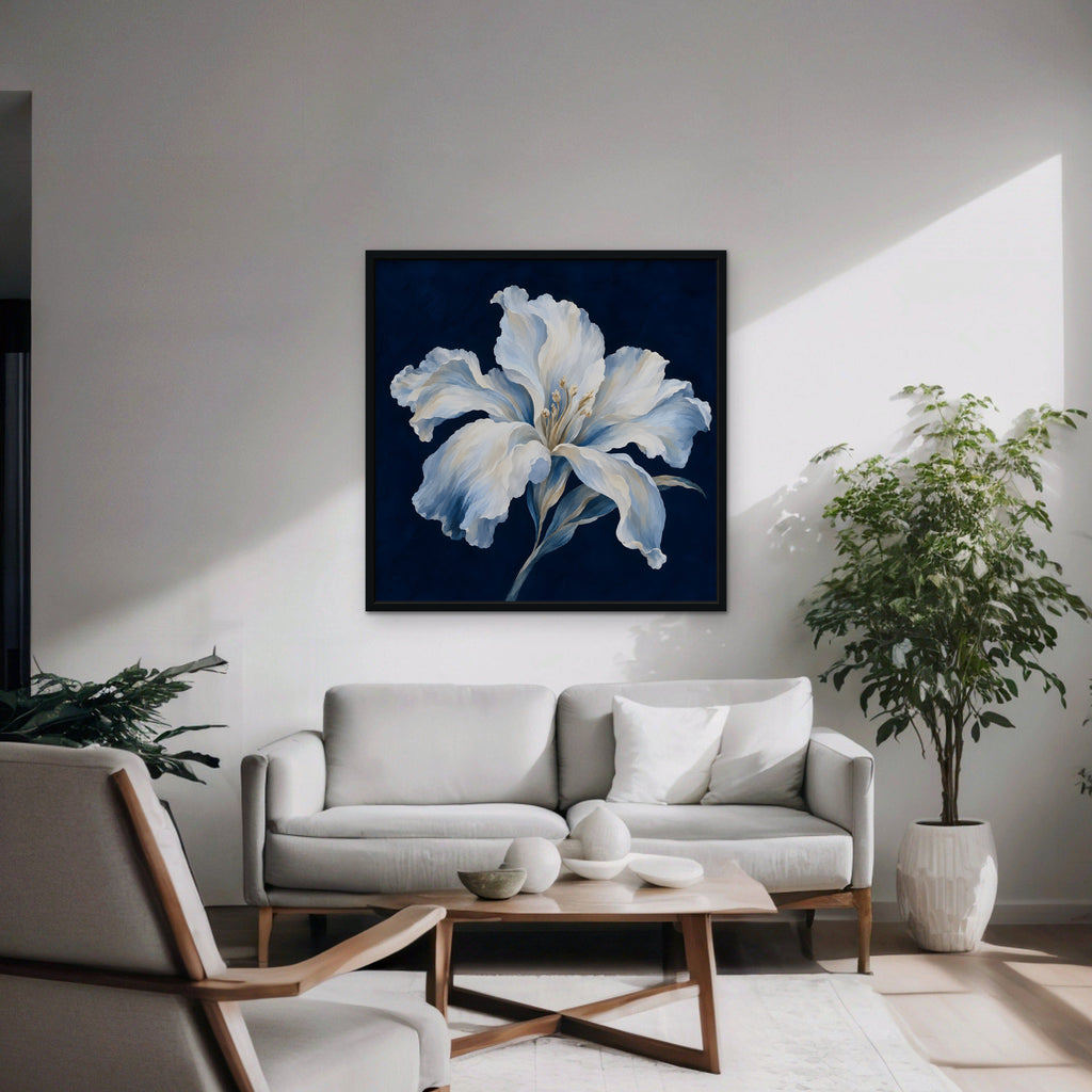 White Lily on Navy Canvas Art - Square – Black Floating Frame in room setting