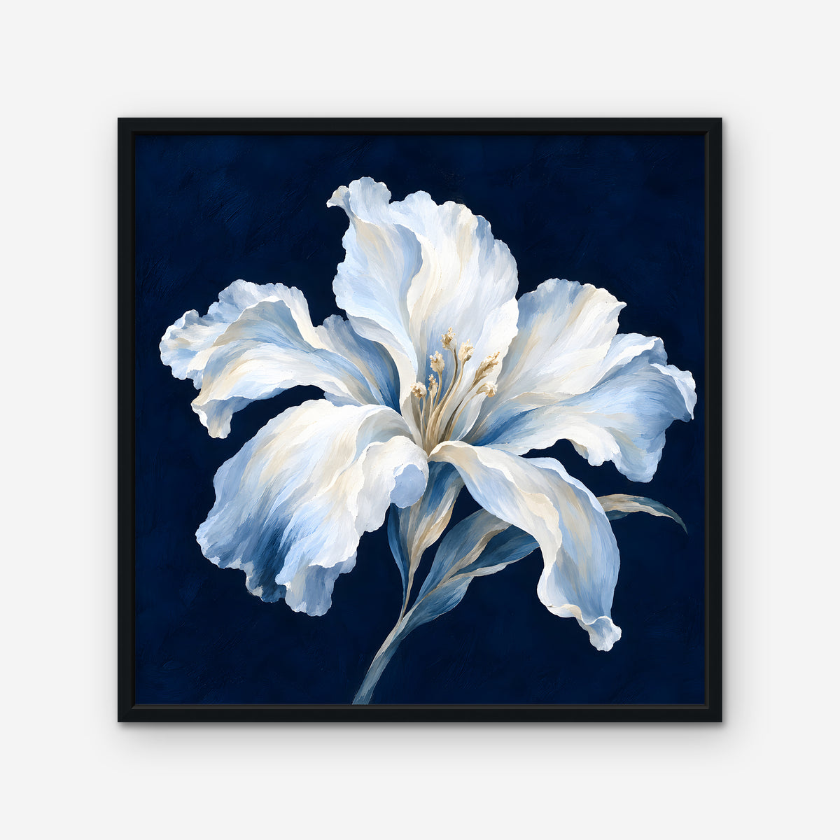 White Lily on Navy Canvas Art - Square – Black Floating Frame on white background