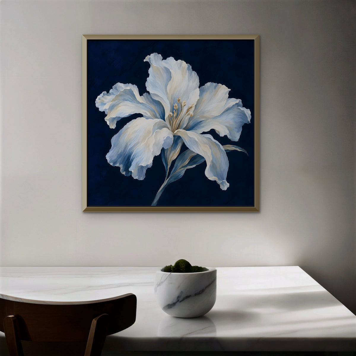 White Lily on Navy Canvas Art - Square – Gold Floating Frame in room setting