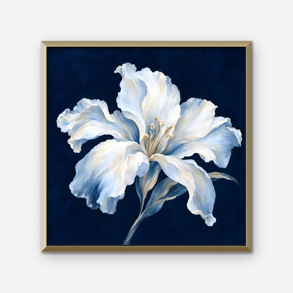 White Lily on Navy Canvas Art - Square – Gold Floating Frame on white background