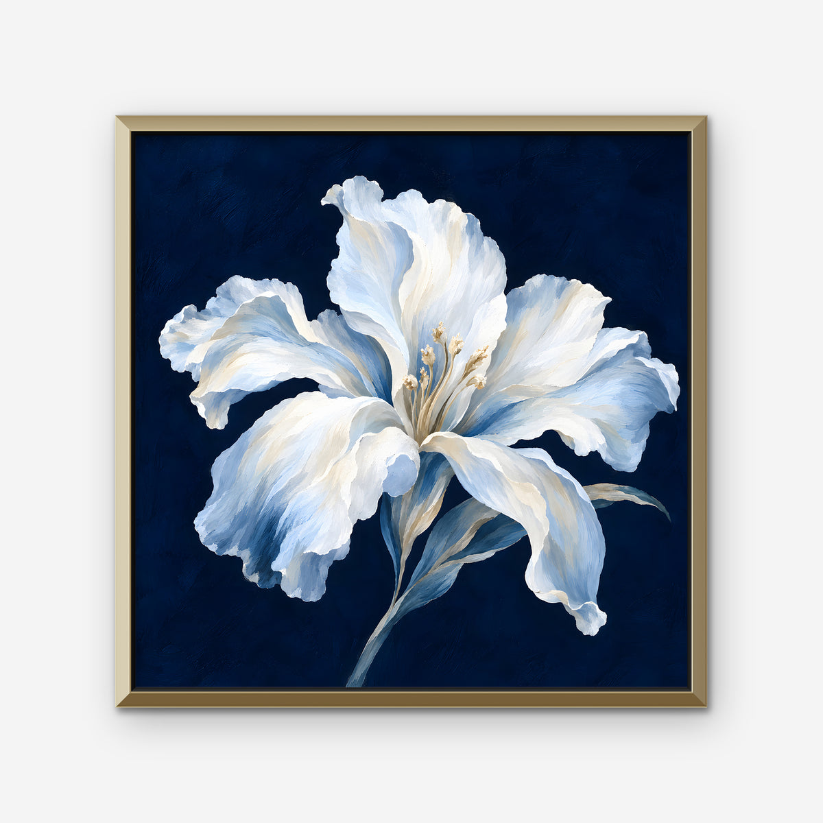 White Lily on Navy Canvas Art - Square – Gold Floating Frame on white background