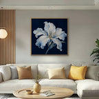 White Lily on Navy Canvas Art - Square – Oak Floating Frame in room setting
