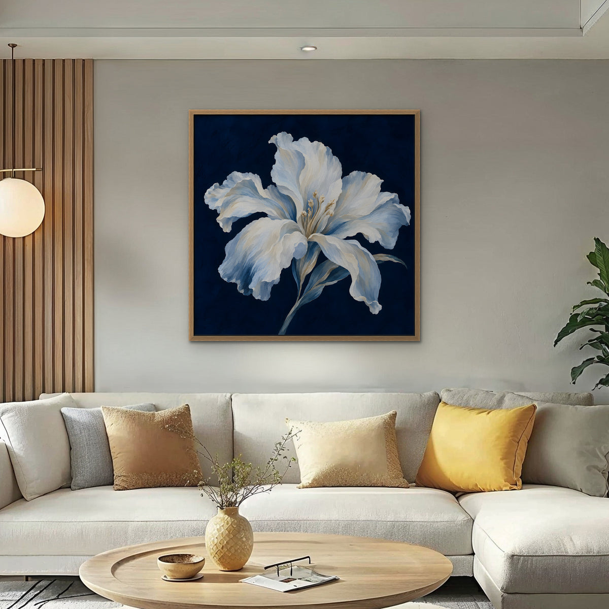 White Lily on Navy Canvas Art - Square – Oak Floating Frame in room setting