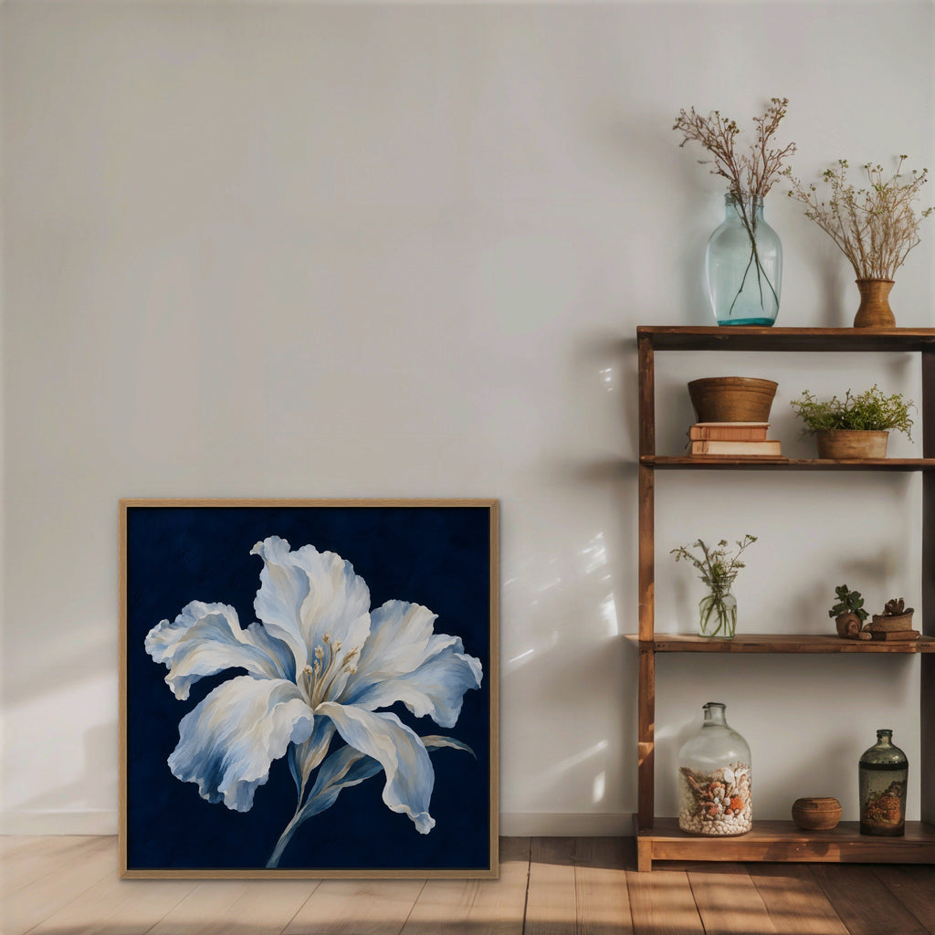 White Lily on Navy Canvas Art - Square – Oak Floating Frame in room setting