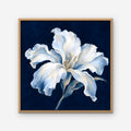 White Lily on Navy Canvas Art - Square – Oak Floating Frame on white background
