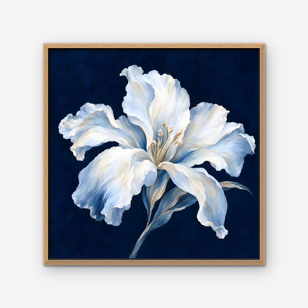 White Lily on Navy Canvas Art - Square – Oak Floating Frame on white background