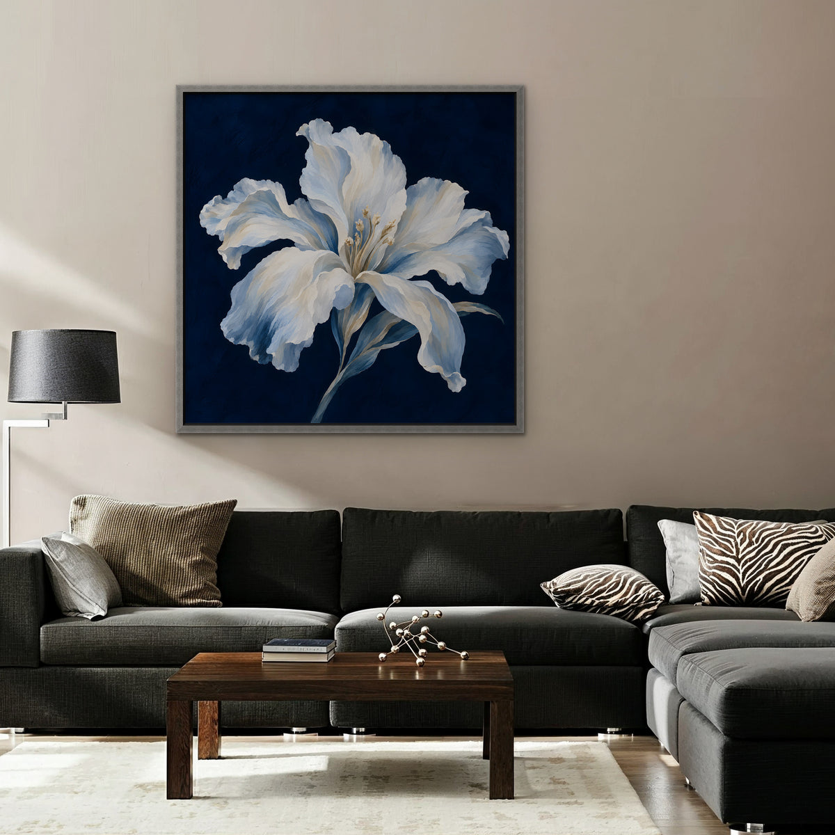 White Lily on Navy Canvas Art - Square – Silver Floating Frame in room setting