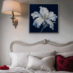 White Lily on Navy Canvas Art - Square – Silver Floating Frame in room setting