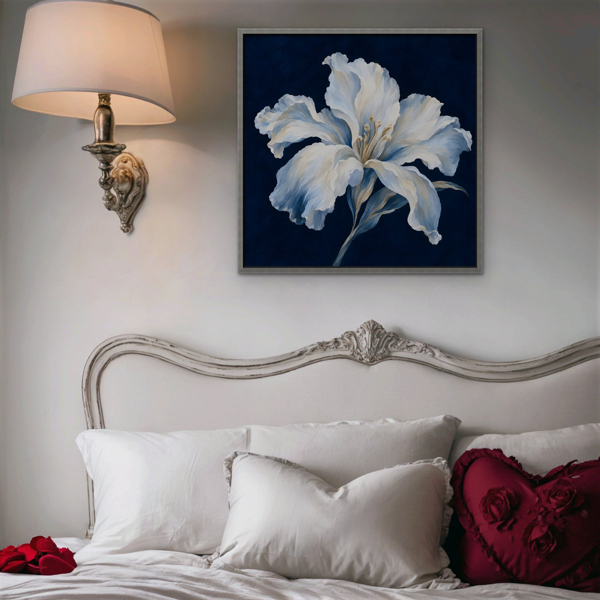 White Lily on Navy Canvas Art - Square – Silver Floating Frame in room setting
