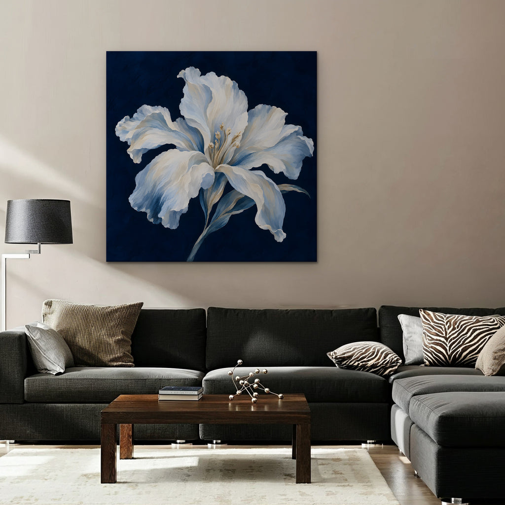 White Lily on Navy Canvas Art - Square – Stretched Canvas Only in room setting