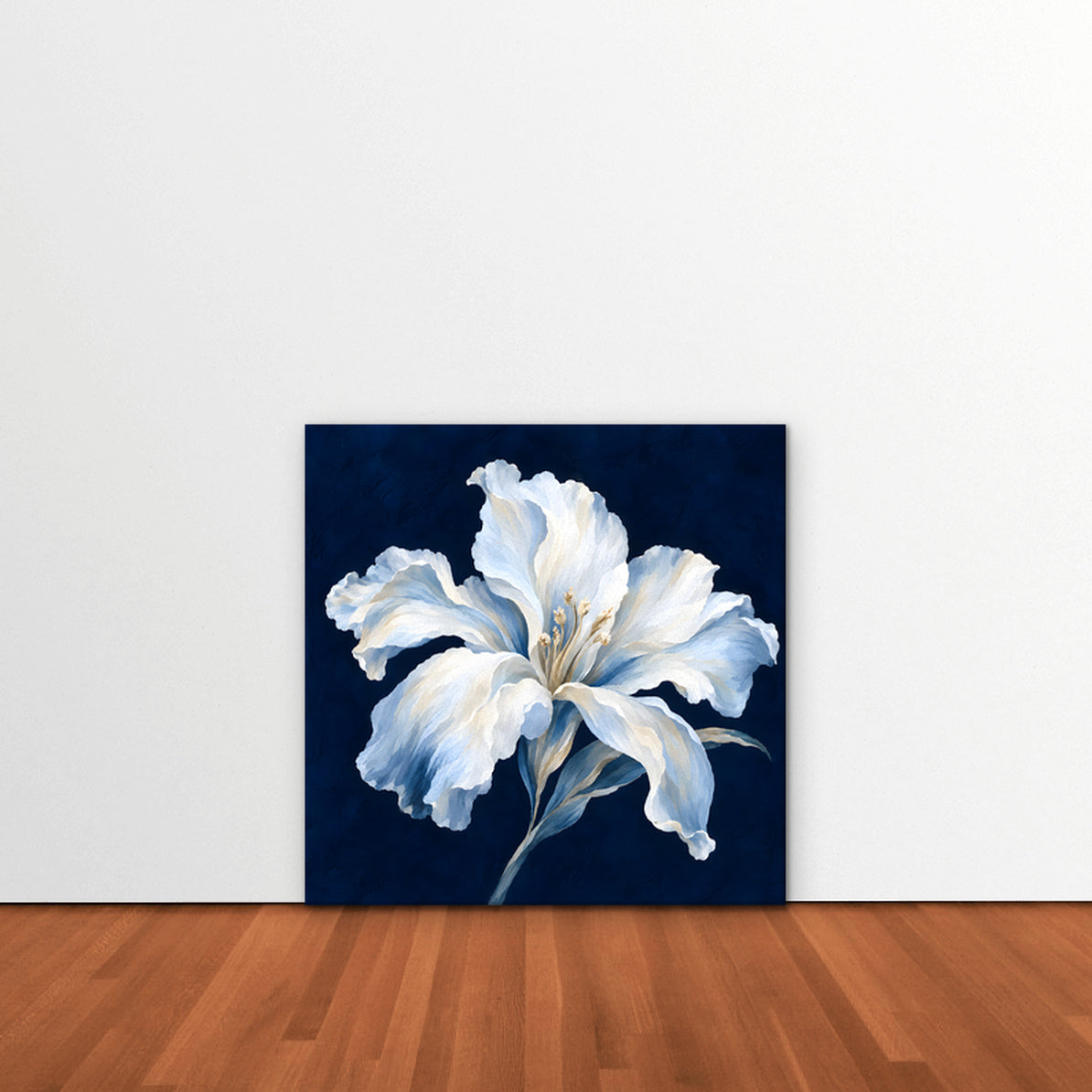 White Lily on Navy Canvas Art - Square – Stretched Canvas Only in room setting