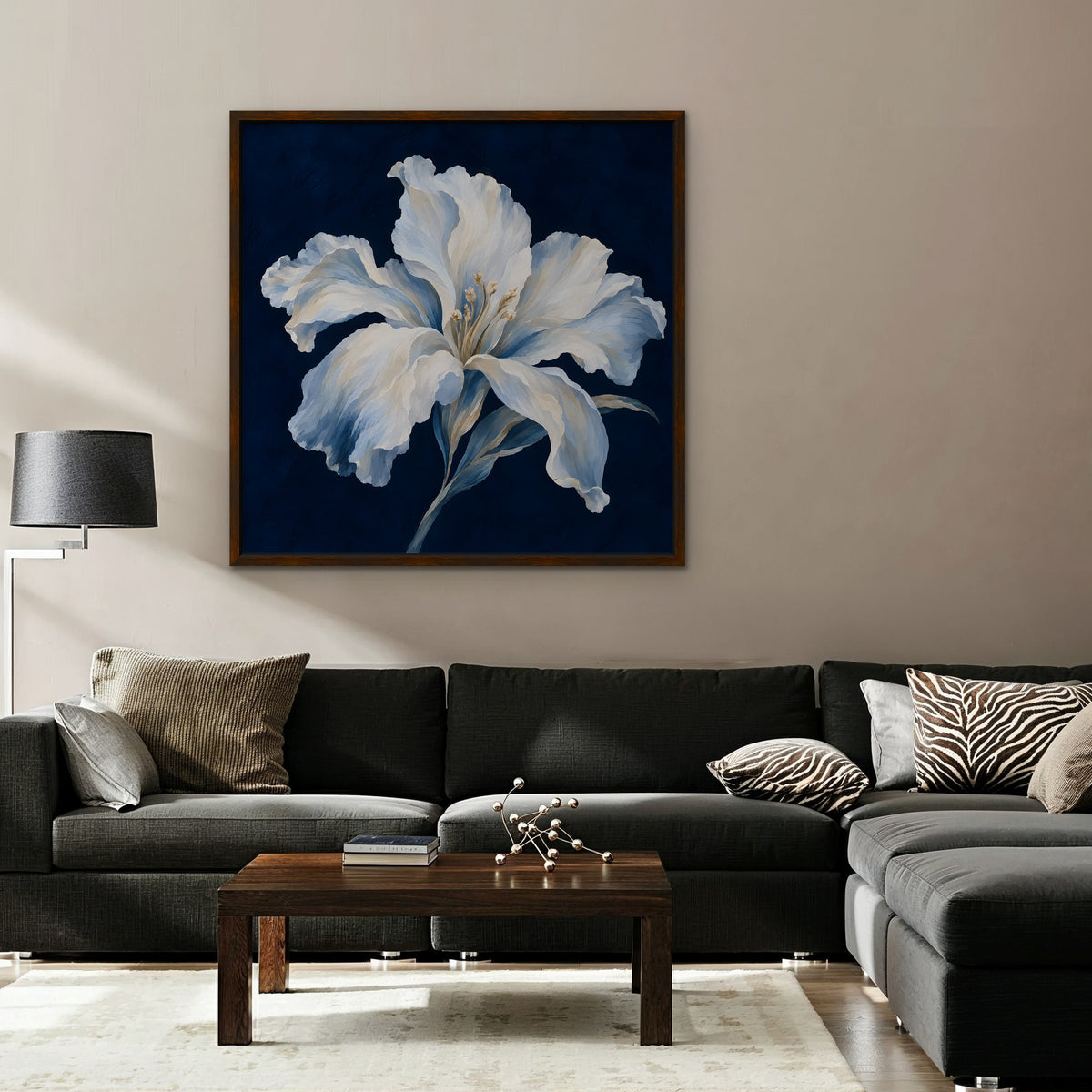 White Lily on Navy Canvas Art - Square – Walnut Floating Frame in room setting