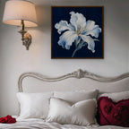 White Lily on Navy Canvas Art - Square – Walnut Floating Frame in room setting