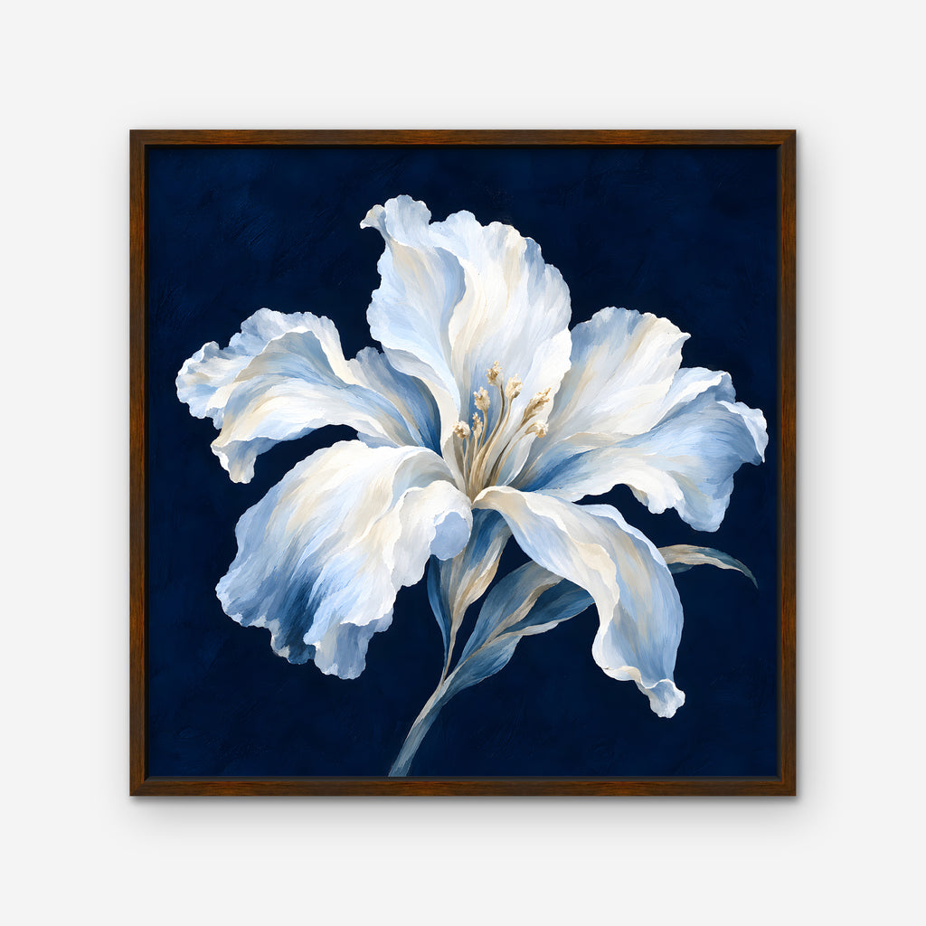 White Lily on Navy Canvas Art - Square – Walnut Floating Frame on white background