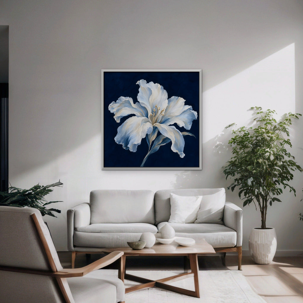 White Lily on Navy Canvas Art - Square – White Floating Frame in room setting