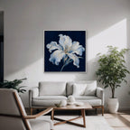 White Lily on Navy Canvas Art - Square – White Floating Frame in room setting