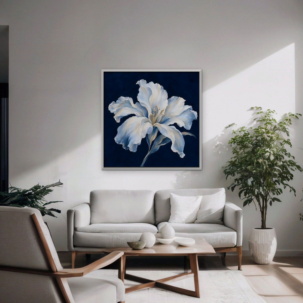 White Lily on Navy Canvas Art - Square – White Floating Frame in room setting
