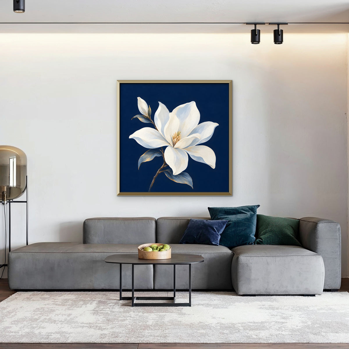 White Magnolia Canvas Art - Square – Gold Floating Frame in room setting