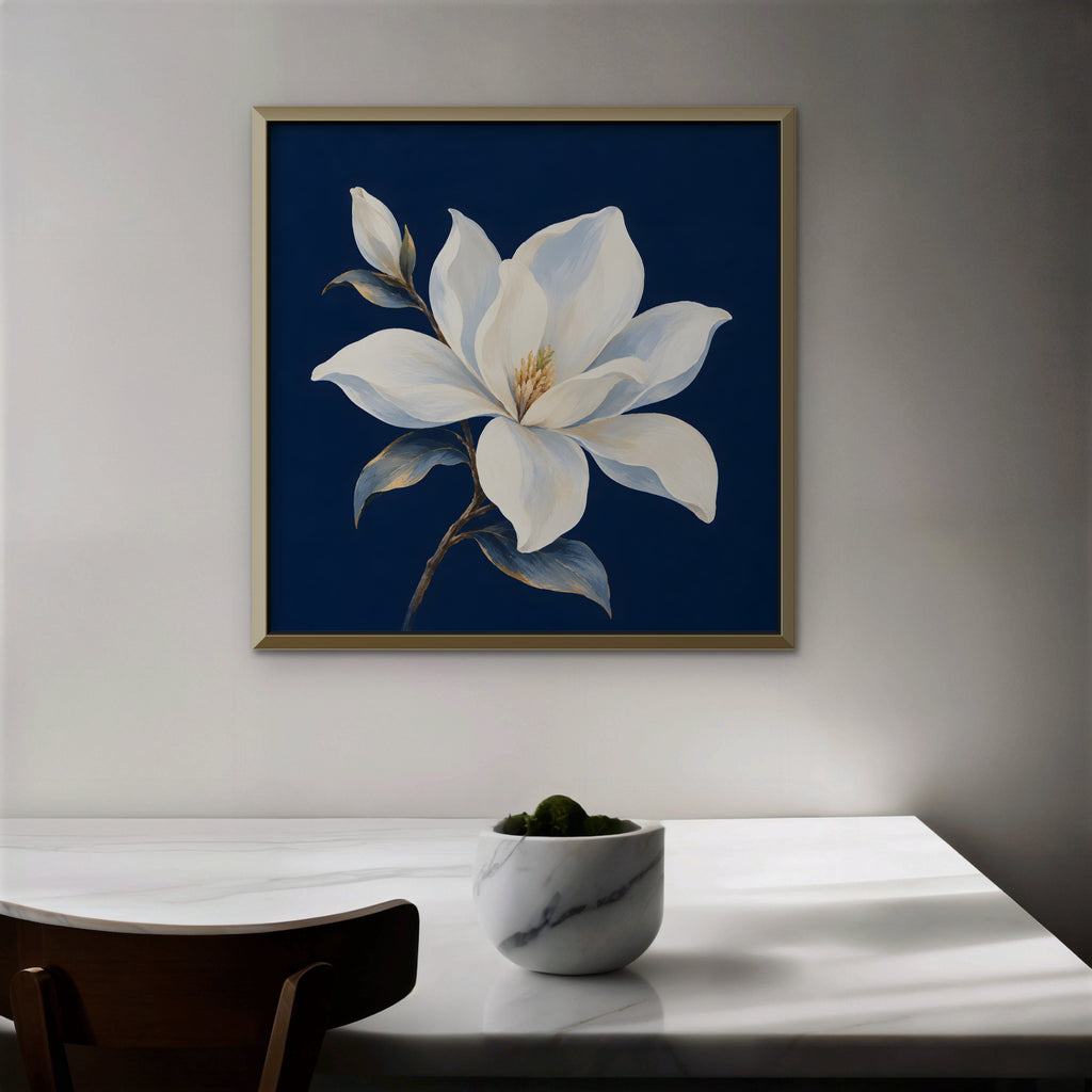 White Magnolia Canvas Art - Square – Gold Floating Frame in room setting