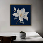 White Magnolia Canvas Art - Square – Gold Floating Frame in room setting
