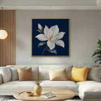 White Magnolia Canvas Art - Square – Oak Floating Frame in room setting