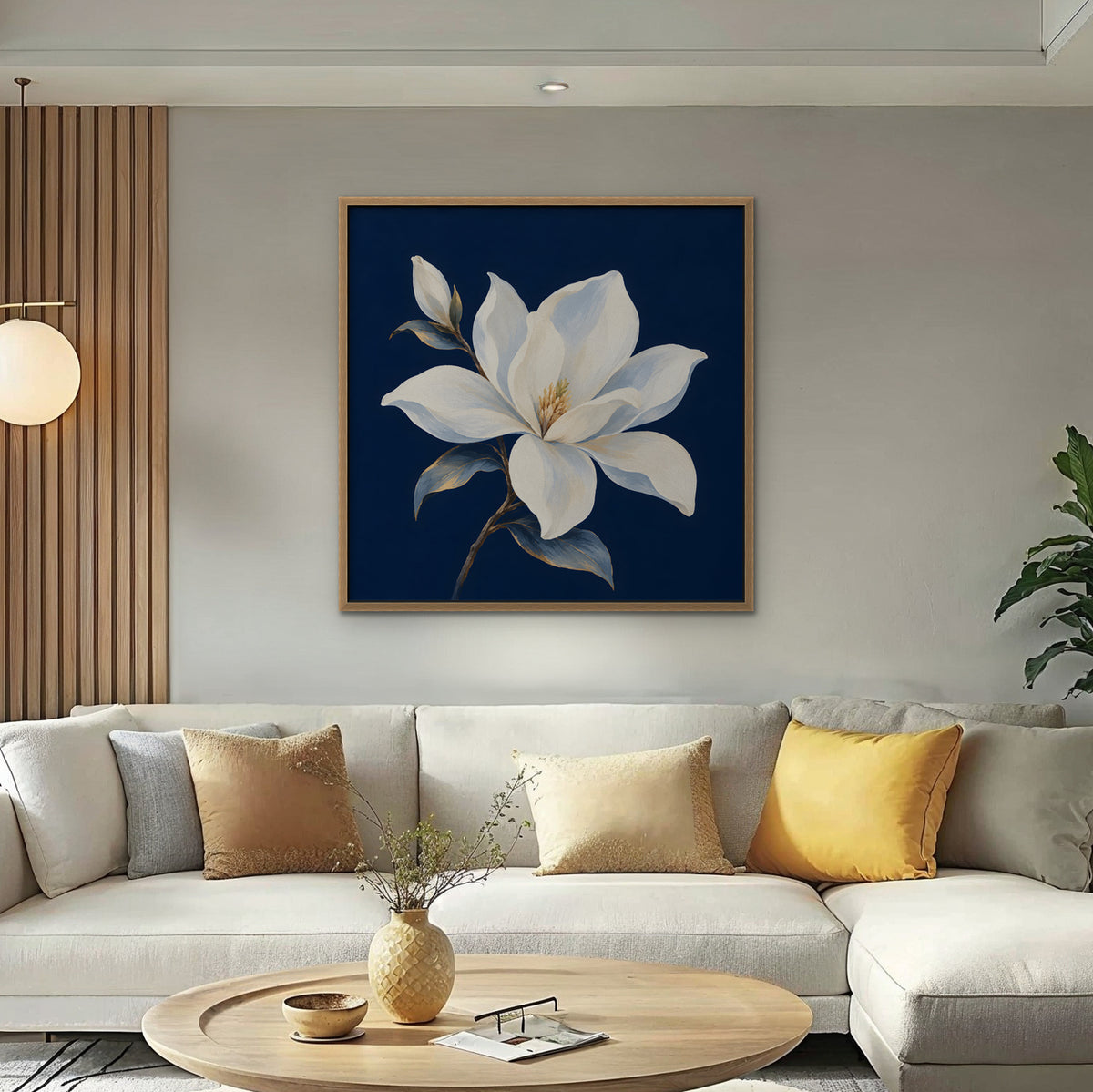 White Magnolia Canvas Art - Square – Oak Floating Frame in room setting