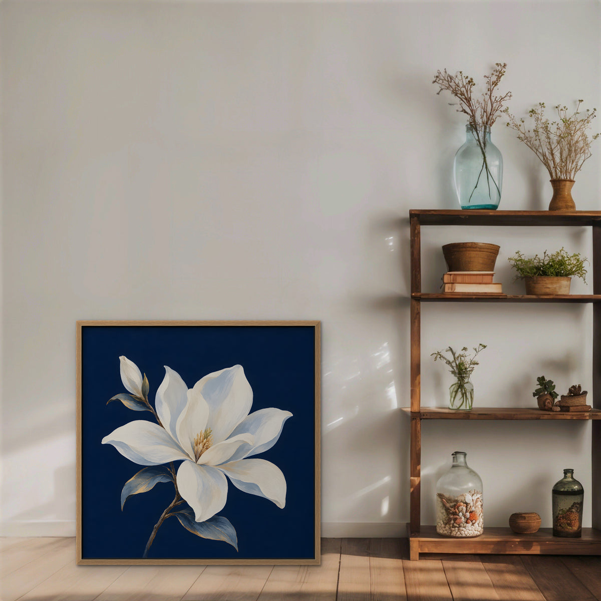 White Magnolia Canvas Art - Square – Oak Floating Frame in room setting