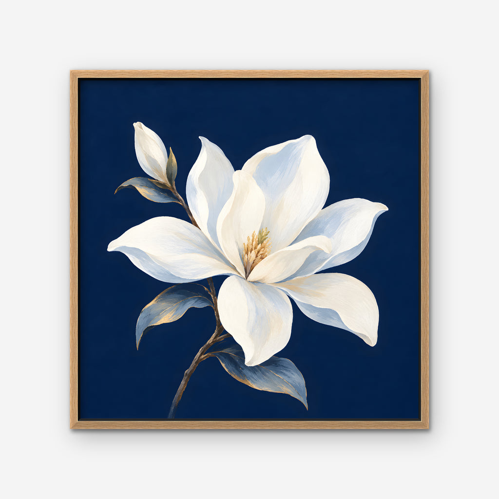 White Magnolia Canvas Art - Square – Oak Floating Frame on white background