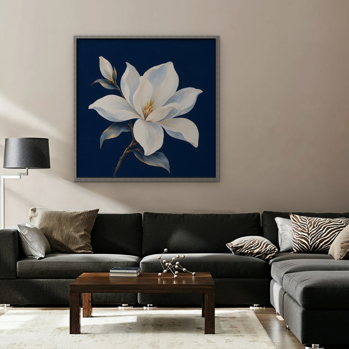 White Magnolia Canvas Art - Square – Silver Floating Frame in room setting