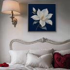 White Magnolia Canvas Art - Square – Silver Floating Frame in room setting