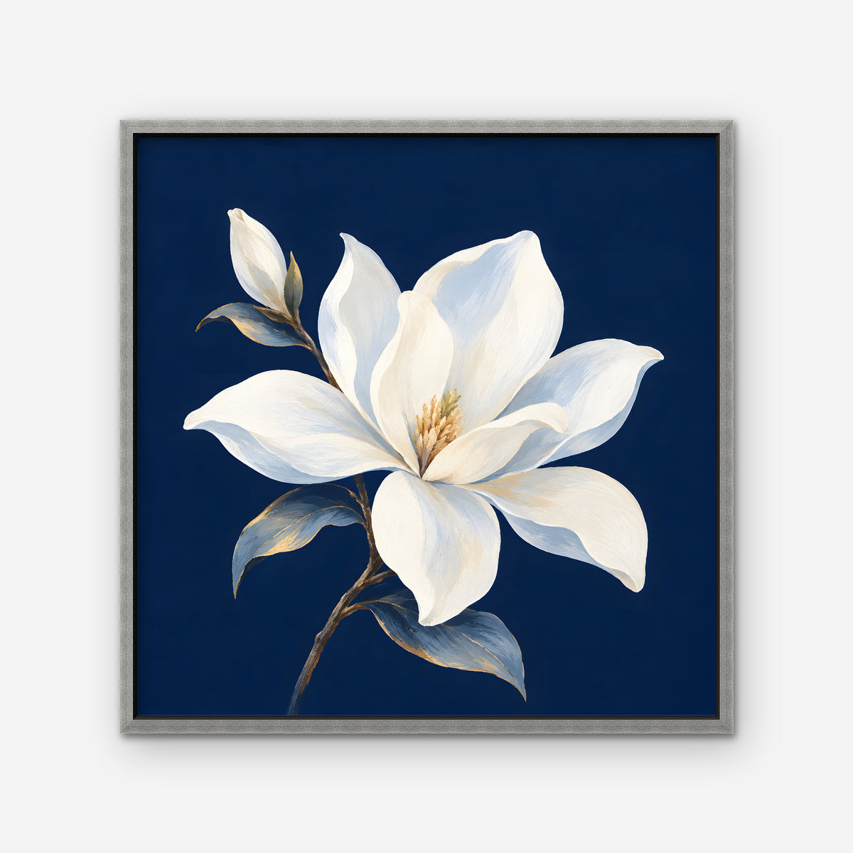 White Magnolia Canvas Art - Square – Silver Floating Frame on white background
